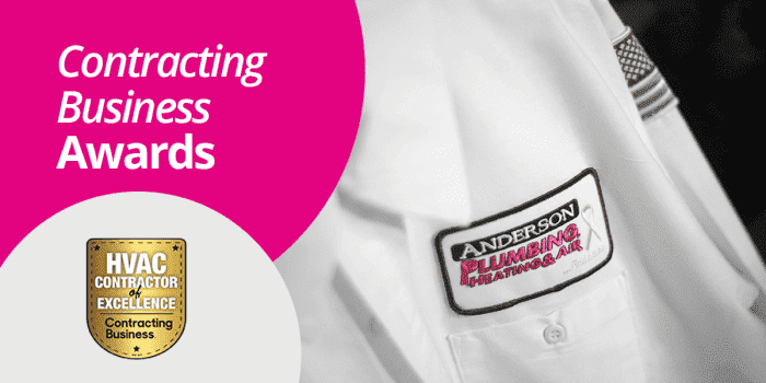 Anderson Plumbing, Heating & Air badge on technician's shirt